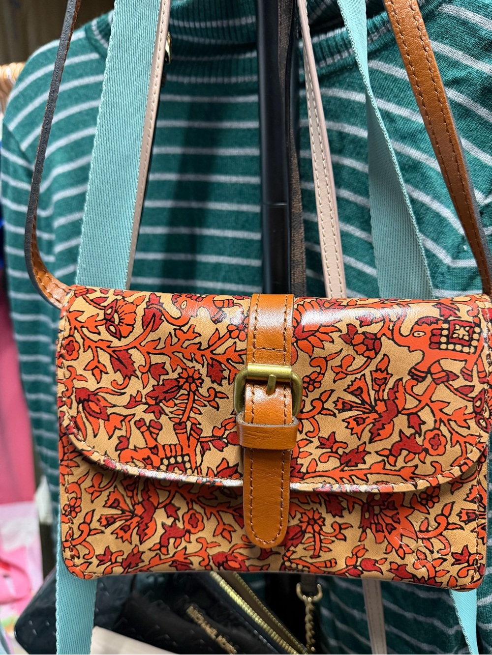 Patricia Nash elephant Leather-Trim Floral Crossbody Bag in Orange and Red boho
